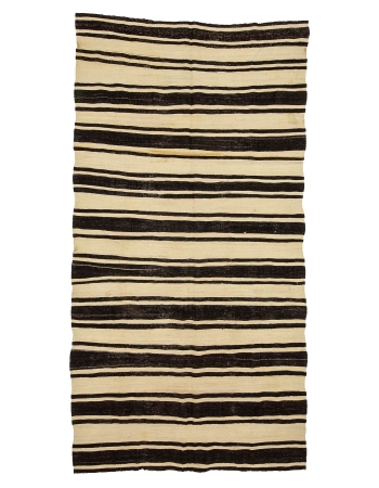 Black & Ivory Striped Vintage Natural Kilim Rug - 5`11" x 11`4"