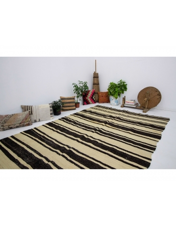 Black & Ivory Striped Vintage Natural Kilim Rug - 5`11" x 11`4"
