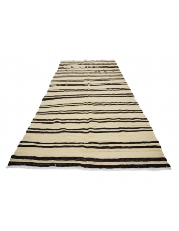 Striped Vintage Natural Turkish Kilim Rug - 5`7" x 11`9"