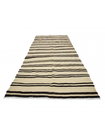 Striped Vintage Natural Turkish Kilim Rug - 5`7" x 11`9"