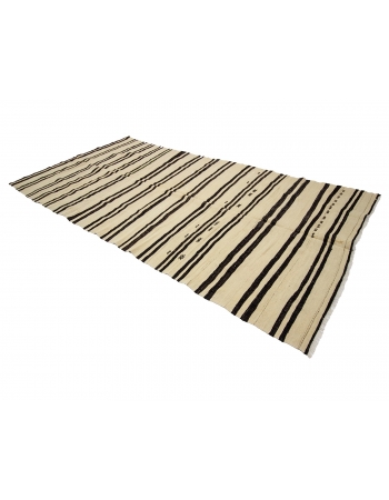 Striped Vintage Natural Turkish Kilim Rug - 5`7" x 11`9"