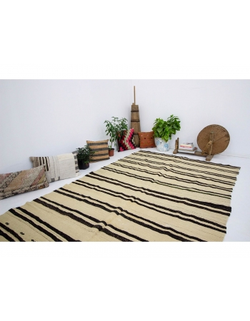 Striped Vintage Natural Turkish Kilim Rug - 5`7" x 11`9"