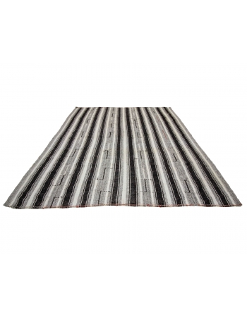 Black & Gray Striped Vintage Modern Kilim - 8`0" x 10`2"