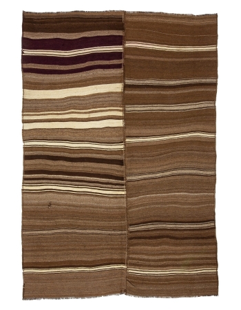 Vintage Natural Brown Striped Wool Turkish Kilim - 6`7" x 9`2"