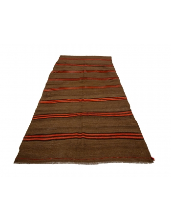 Brown & Orange Striped Wool Vintage Kilim - 4`9" x 10`2"