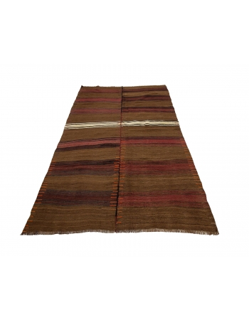 Brown & Burgundy Vintage Wool Kilim Rug - 4`10" x 8`3"