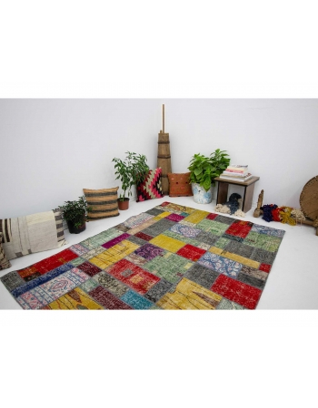 Colorful Decorative Vintage Turkish Patchwork Rug - 4`10" x 6`7"