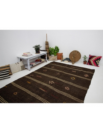 Brown Vintage Embroidered Modern Kilim Rug - 6`1" x 10`2"