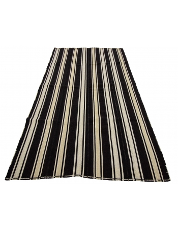 Dark Brown & Ivory Vintage Striped Kilim Rug - 4`11" x 9`0"
