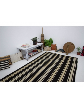 Dark Brown & Ivory Vintage Striped Kilim Rug - 4`11" x 9`0"