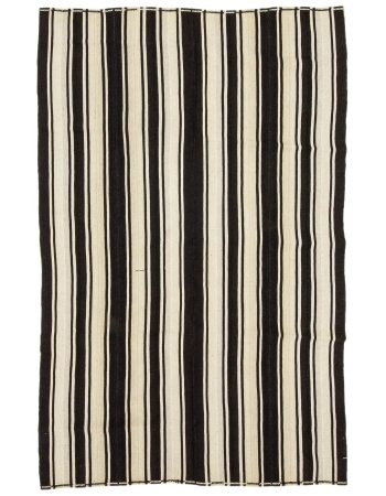 Dark Brown & Ivory Striped Vintage Kilim Rug - 5`7" x 8`10"