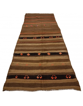 Orange & Brown Striped Vintage Kilim Rug - 4`1" x 10`4"