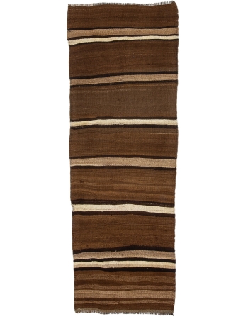 Striped Vintage Brown Natural Kilim Runner - 3`11" x 11`2"