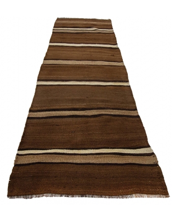 Striped Vintage Brown Natural Kilim Runner - 3`11" x 11`2"