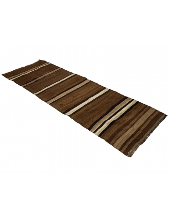Striped Vintage Brown Natural Kilim Runner - 3`11" x 11`2"