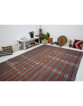 Red & Gray Striped Vintage Kilim Rug - 7`1" x 11`2"