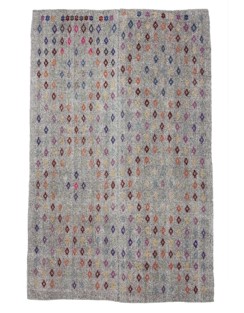 Embroidered Gray Turkish Vintage Kilim  - 6`9" x 10`6"