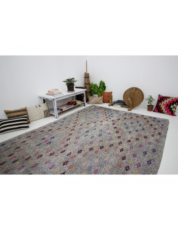 Embroidered Gray Turkish Vintage Kilim  - 6`9" x 10`6"