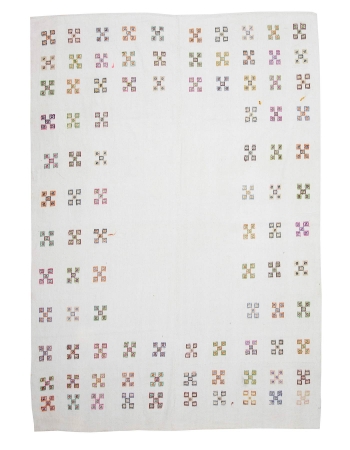 Embroidered Vintage White Cotton Kilim - 7`8" x 10`10"