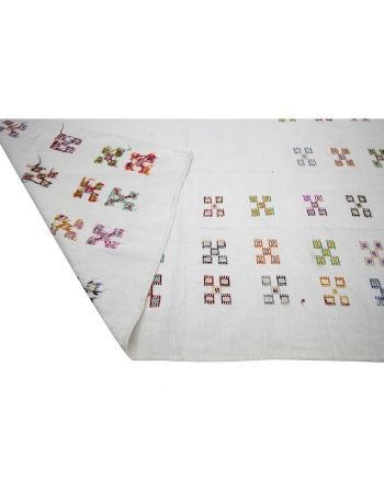 Embroidered Vintage White Cotton Kilim - 7`8" x 10`10"