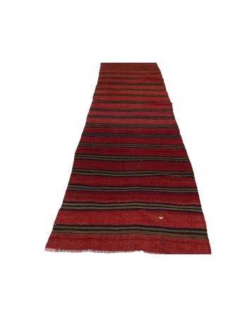 Vintage Red Turkish Kilim Runner - 3`0" x 13`5"