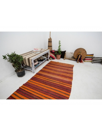 Orange Striped Vintage Kilim Runner - 3`5" x 11`4"