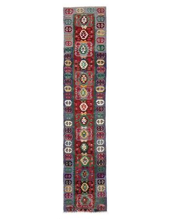 Colorful Decorative Turkish Kilim Runner - 3`0" x 14`9"