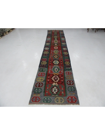 Colorful Decorative Turkish Kilim Runner - 3`0" x 14`9"