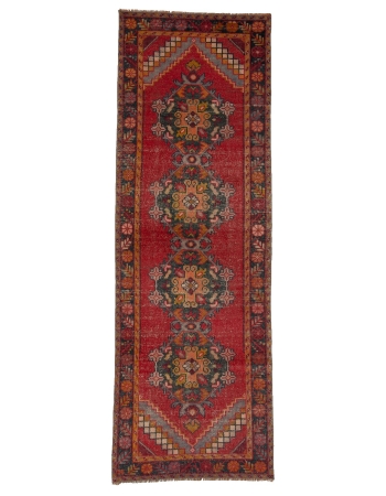 Red Vintage Worn Turkish Runner Rug - 3`1" x 9`1"