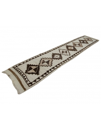 White & Brown Vintage Wool Runner - 2`8" x 12`0"