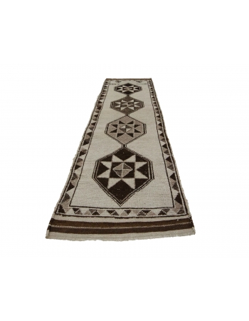 Vintage Natural Wool Brown & White Runner - 3`4" x 11`10"