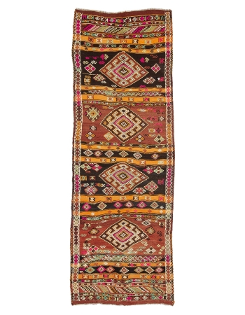 Vintage Embroidered Wide Turkish Kilim Runner - 4`1" x 11`8"