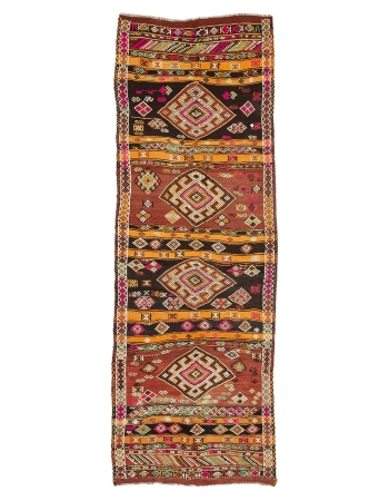 Vintage Embroidered Wide Turkish Kilim Runner - 4`1" x 11`8"