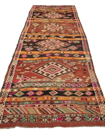 Vintage Embroidered Wide Turkish Kilim Runner - 4`1" x 11`8"