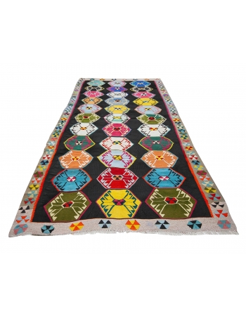 Colorful Unique Vintage Turkish Kars Kilim Rug - 5`7" x 11`1"