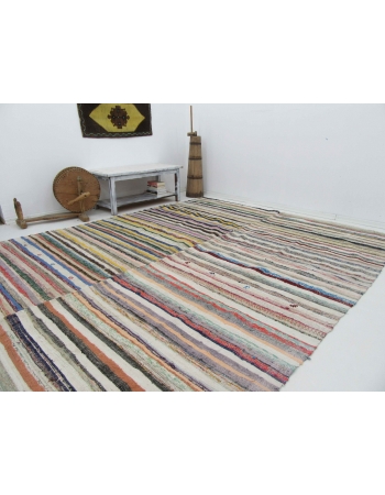 Large Striped Vintage Turkish Rag Rug - 8`10" x 11`7"