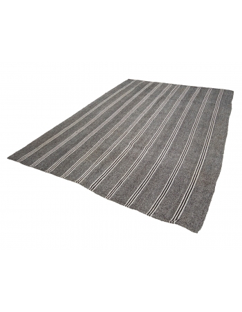 White Striped Gray Large Kilim Rug - 7`7" x 9`10"