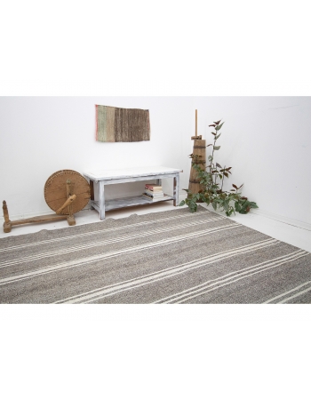 Large Gray & White Striped Kilim Rug - 9`3" x 12`6"