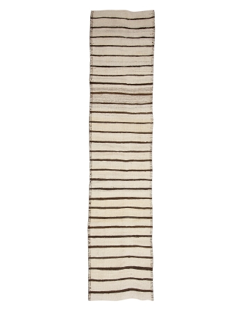 White & Brown Wool Striped Kilim Runner - 2`7" x 13`1"