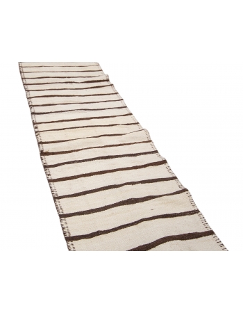 White & Brown Wool Striped Kilim Runner - 2`7" x 13`1"