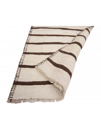 White & Brown Wool Striped Kilim Runner - 2`7" x 13`1"