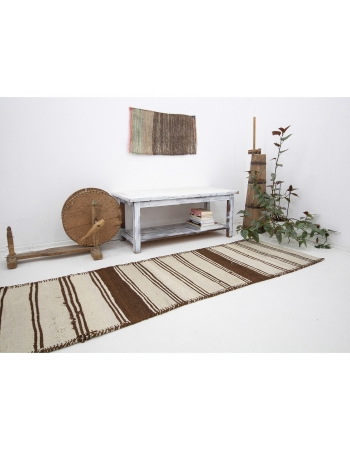 Striped Vintage Neutral Wool Kilim Runner - 2`9" x 9`7"