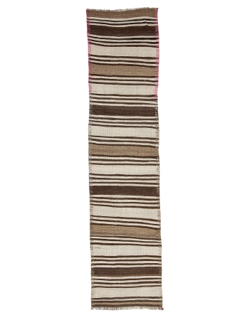 Striped White & Brown Vintage Kilim Runner - 2`7" x 11`6"