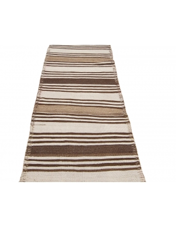 Striped White & Brown Vintage Kilim Runner - 2`7" x 11`6"