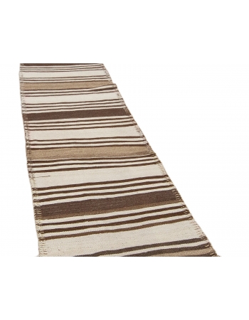 Striped White & Brown Vintage Kilim Runner - 2`7" x 11`6"