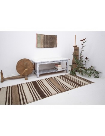 Striped White & Brown Vintage Kilim Runner - 2`7" x 11`6"