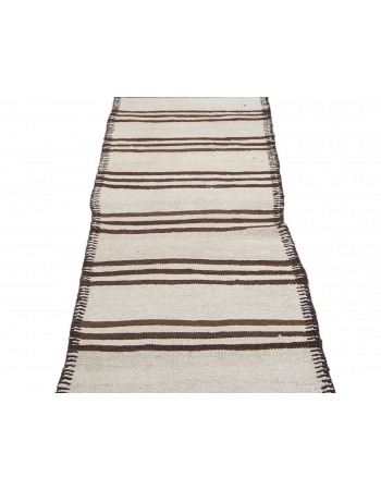 Brown & White Neutral Kilim Runner - 2`8" x 13`7"