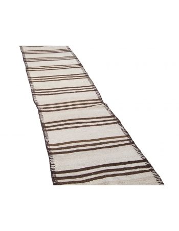 Brown & White Neutral Kilim Runner - 2`8" x 13`7"