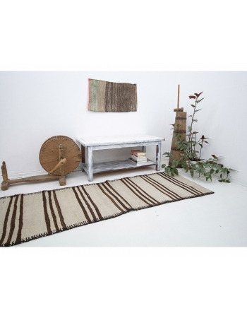 Brown & White Neutral Kilim Runner - 2`8" x 13`7"