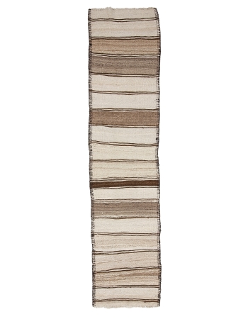 White & Brown Natural Wool Kilim Runner - 2`9" x 12`1"